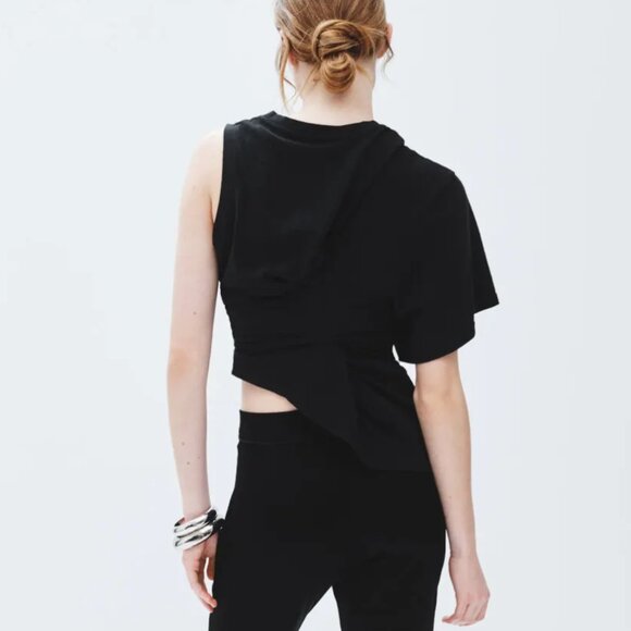 A.W.A.K.E. Mode Knotted Jersey Top Black Asymmetrical Short Sleeve Crop Medium M - Picture 5 of 8